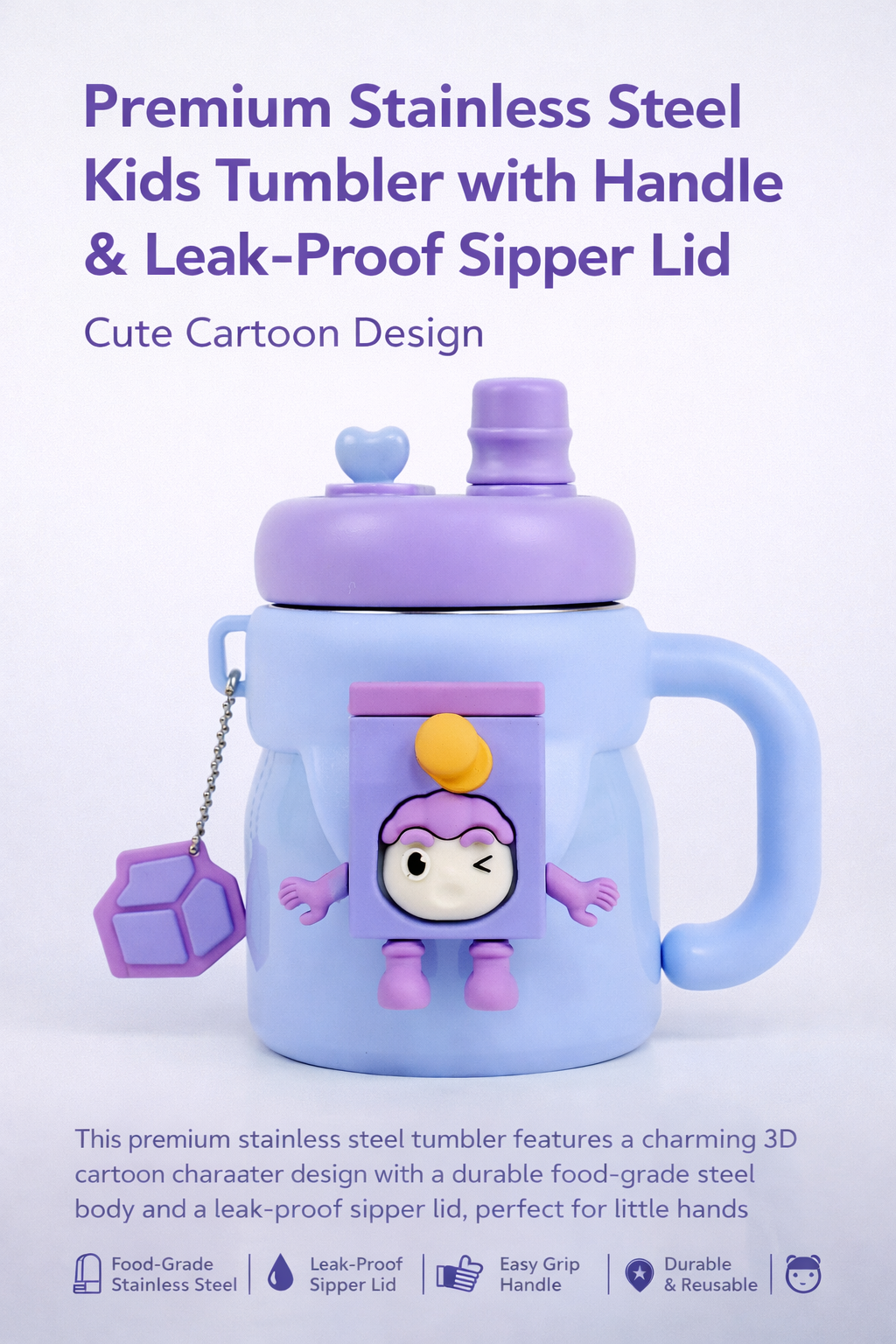 Premium Stainless Steel Kids Tumbler with Handle & Leak-Proof Sipper Lid