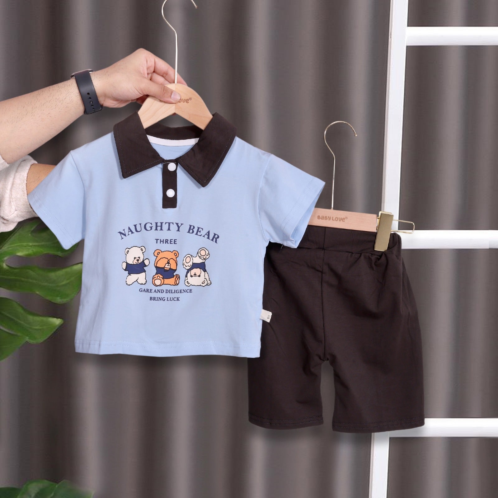 Bear Collared T-shirt & Shorts Set
