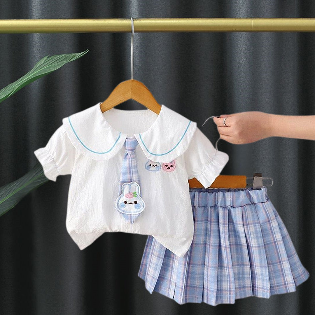 Girls Peter Pan Collared Shirt & Skirt Set