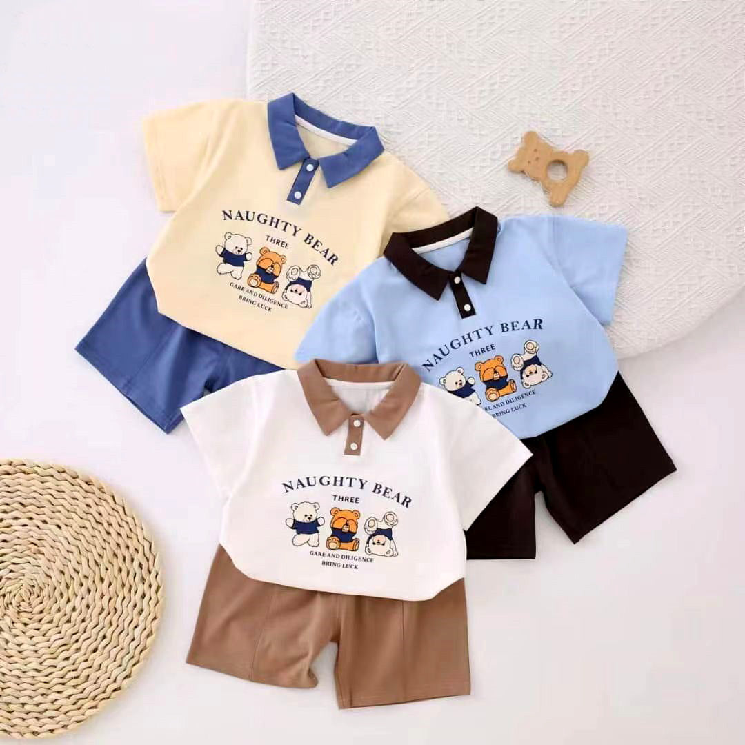 Bear Collared T-shirt & Shorts Set