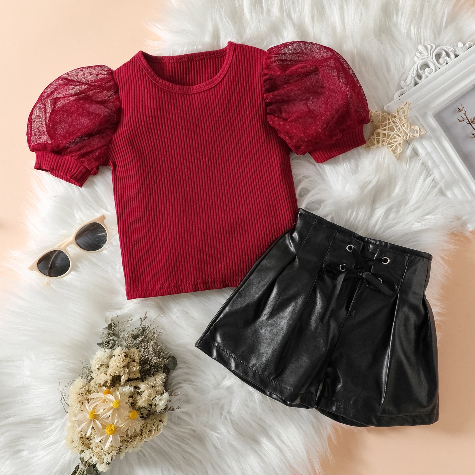 Girls Top & Faux Leather Shorts Set