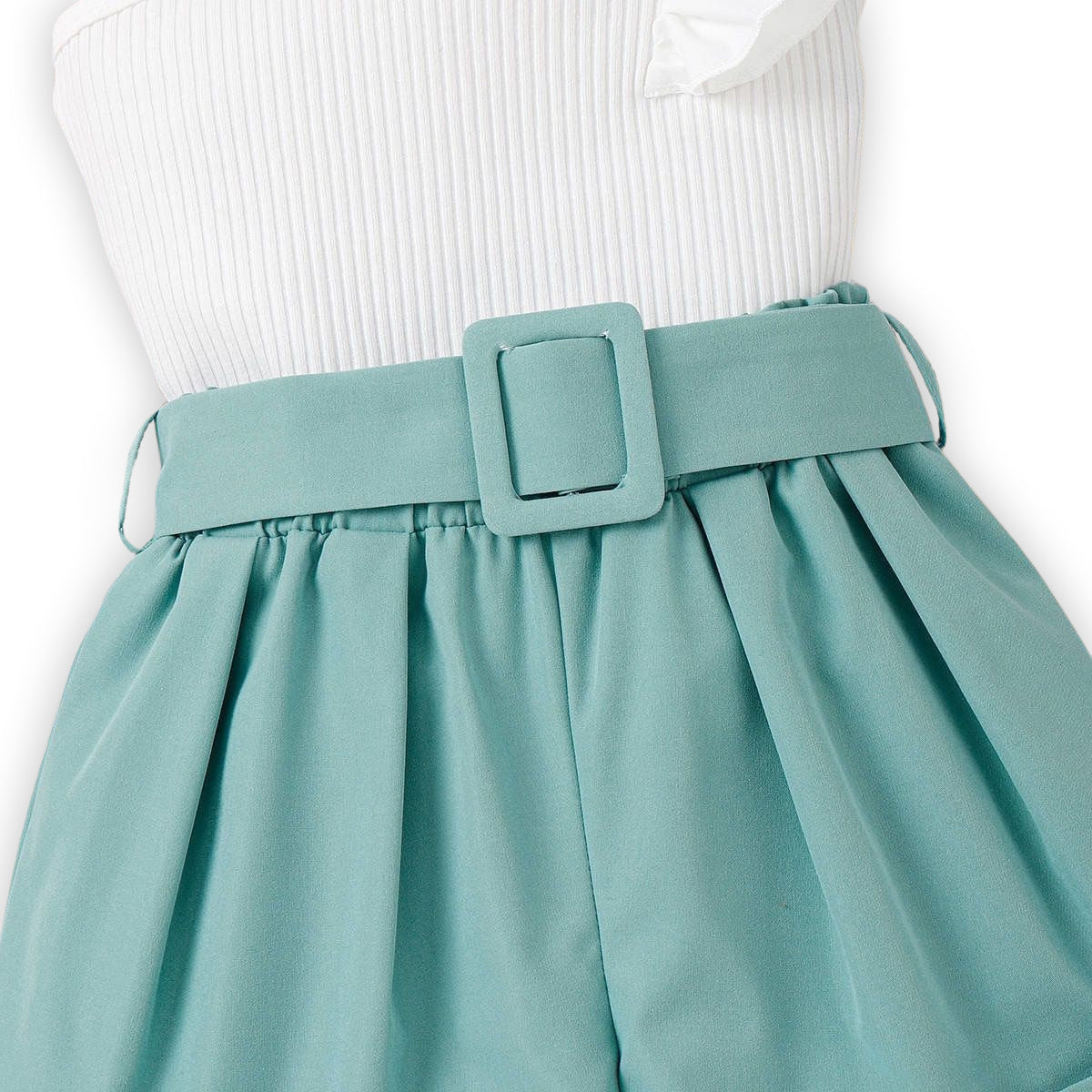 Girls Asymmetrical Neck Ruffle trim Top & Belted Shorts & Hat