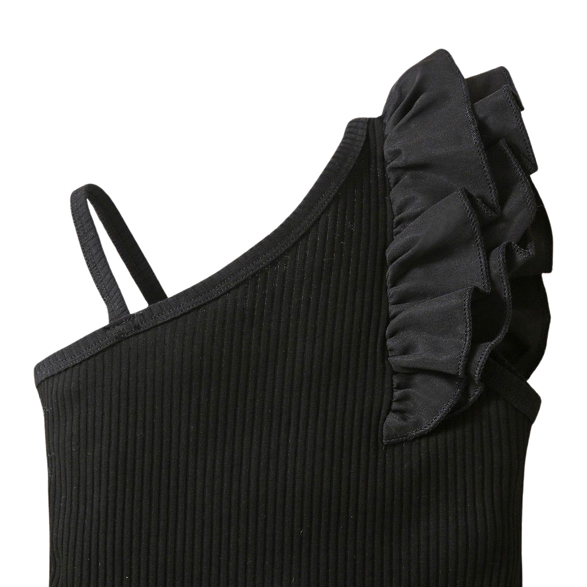Girls Asymmetrical Neck Ruffle trim Top & Belted Shorts & Hat