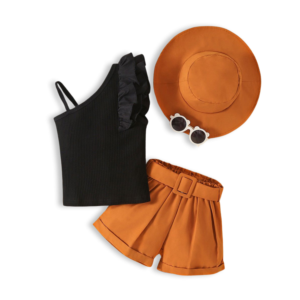 Girls Asymmetrical Neck Ruffle trim Top & Belted Shorts & Hat