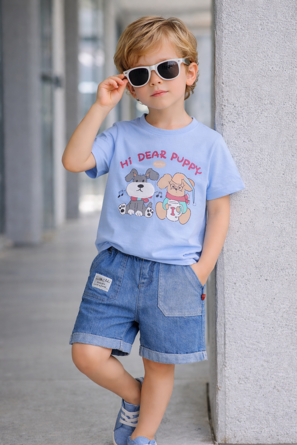 Hi Dear Puppy Boys Casual Tee & Denim Shorts Set