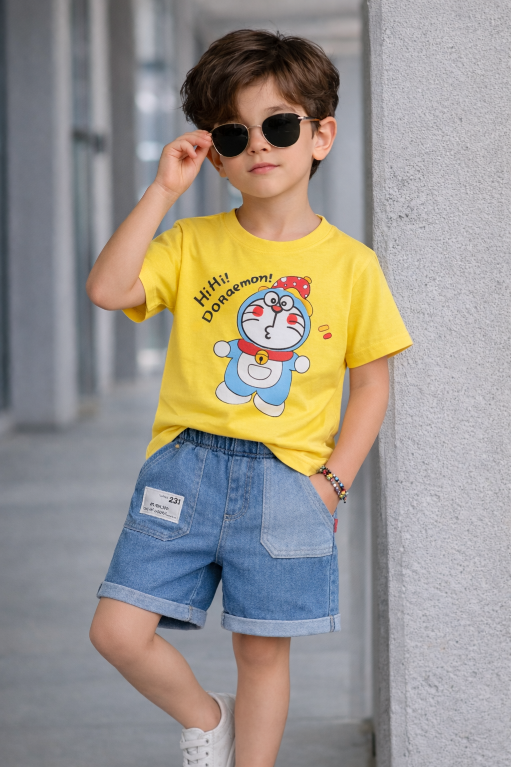 Boys Doraemon Cartoon Printed T-Shirt with Denim Shorts Set
