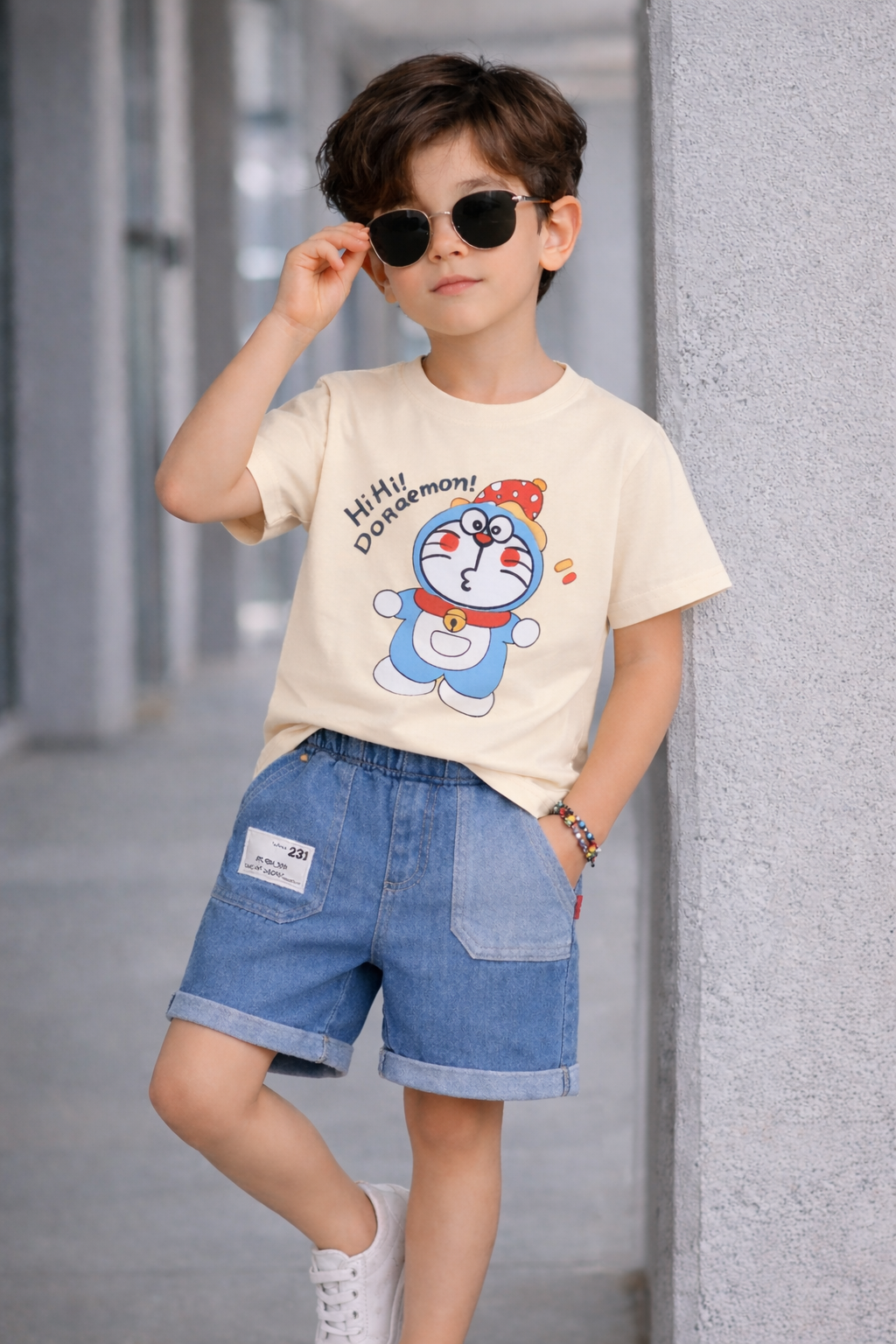 Boys Doraemon Cartoon Printed T-Shirt with Denim Shorts Set