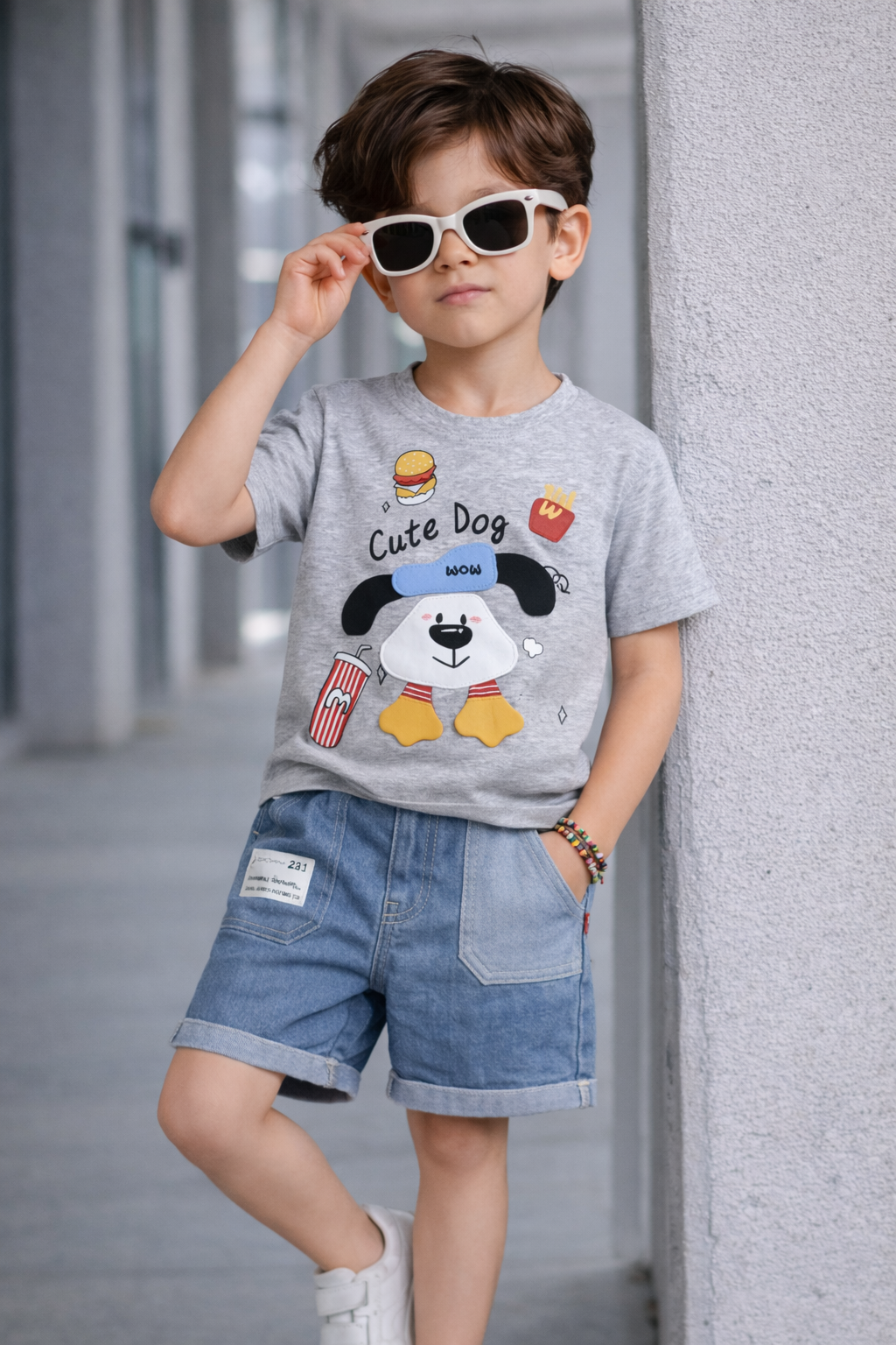 Baby Boys Cute Dog Printed T-Shirt with Denim Shorts Set-TLB2515