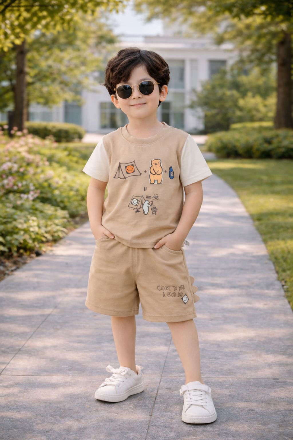 Kids Cotton Co-Ord Set with Bear Camping Graphic – Soft T-Shirt & Shorts Outfit