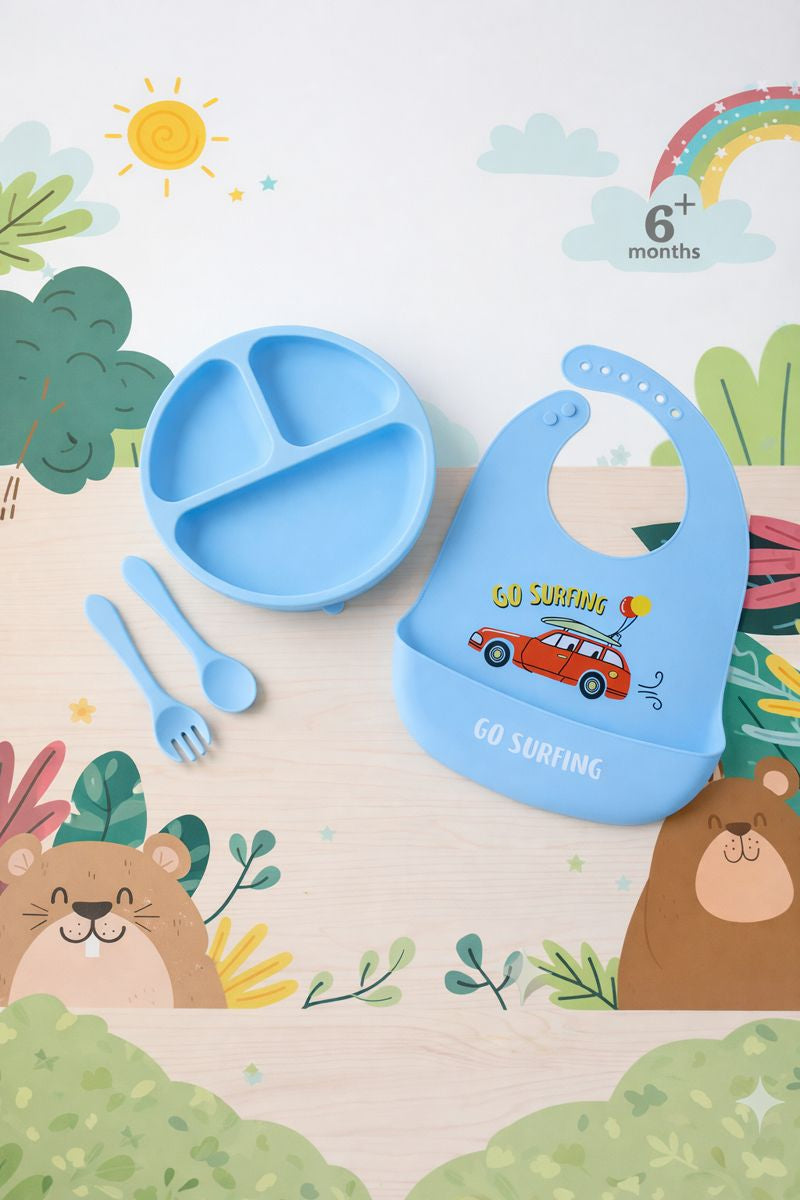 Baby Silicone Feeding Set with Bib, Plate & Spoon – 6+ Months