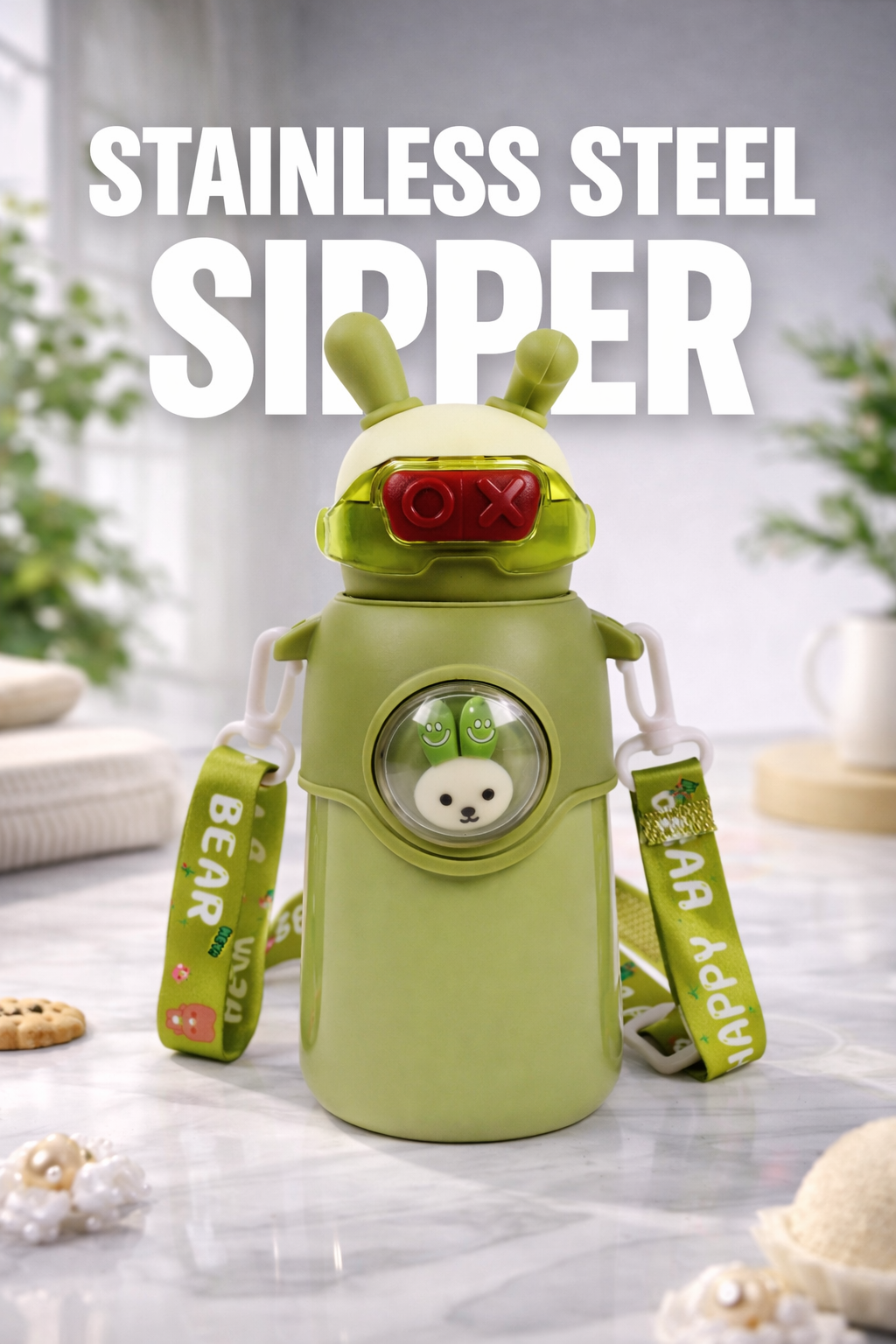 Bunny Stainless Steel Sipper Bottle for Kids | Cute Rabbit Design with Strap | Leak-Proof & Durable