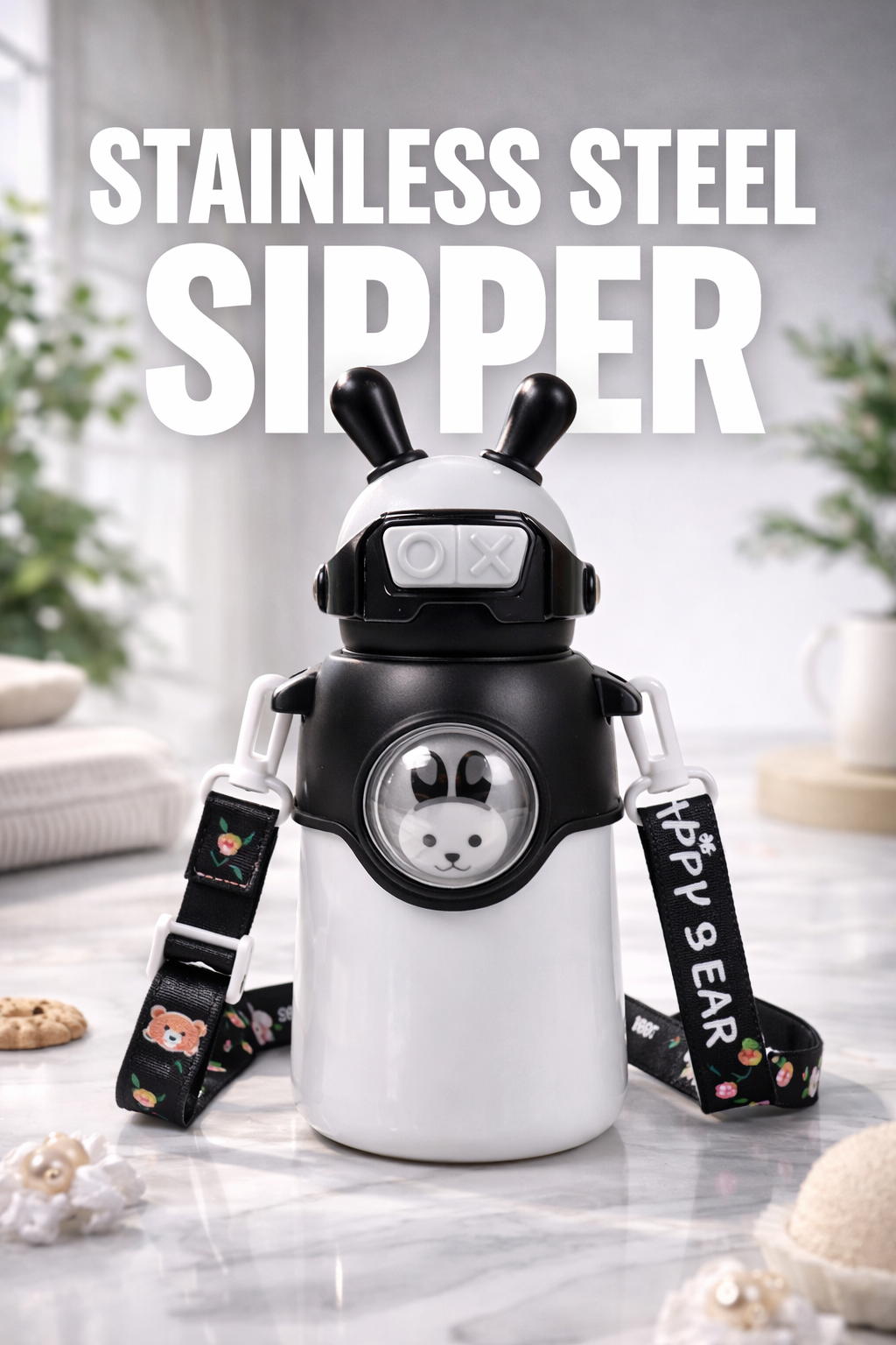 Bunny Stainless Steel Sipper Bottle for Kids | Cute Rabbit Design with Strap | Leak-Proof & Durable