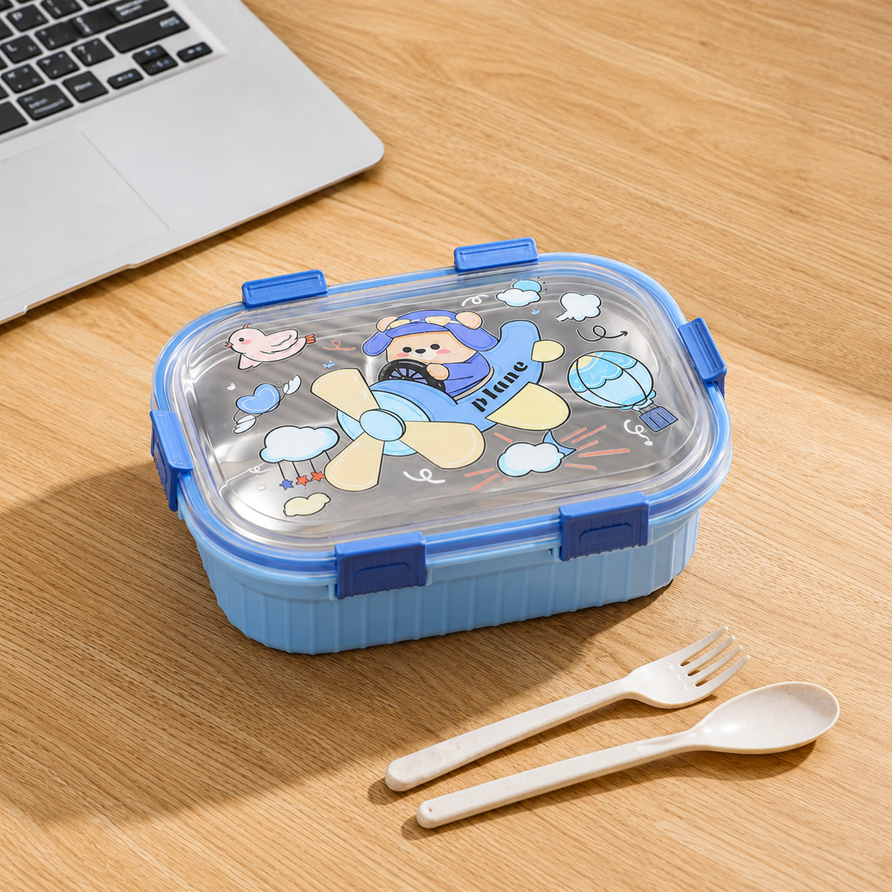 Kids 1000ml Stainless Steel 3-Compartment Lunch Box with Cute Printed Lid & Secure Locks