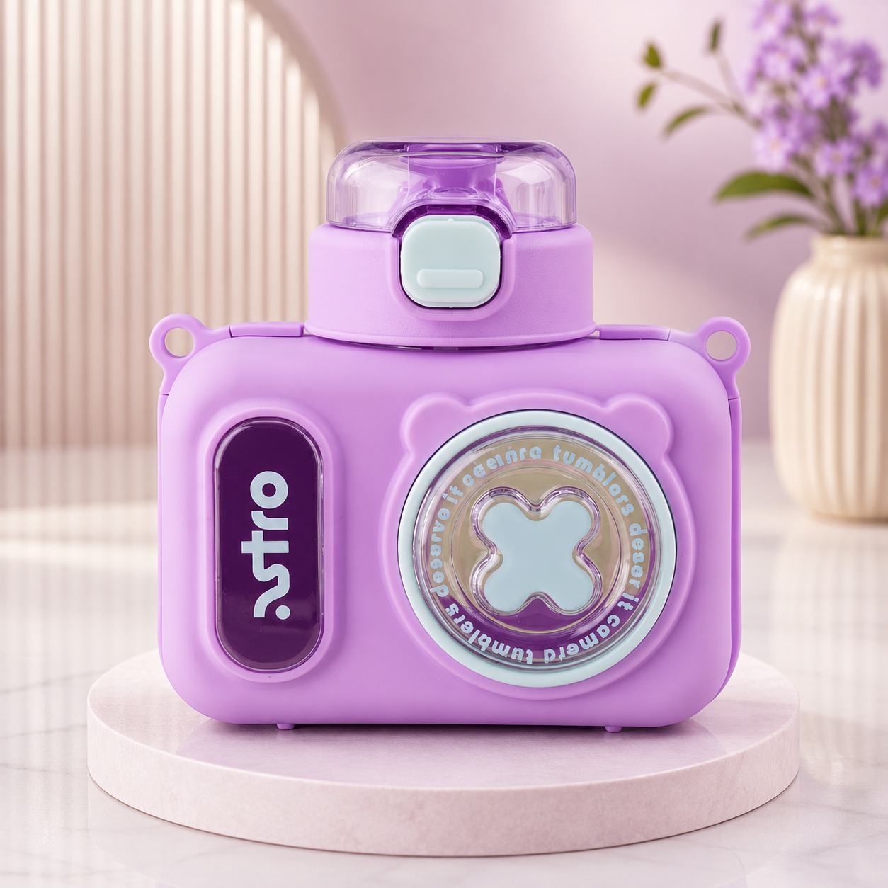 The Little Bunny Camera Shape Kids Sipper Bottle with Straw & Carry Strap | Leakproof BPA-Free Water Bottle | Purple | 600 ml