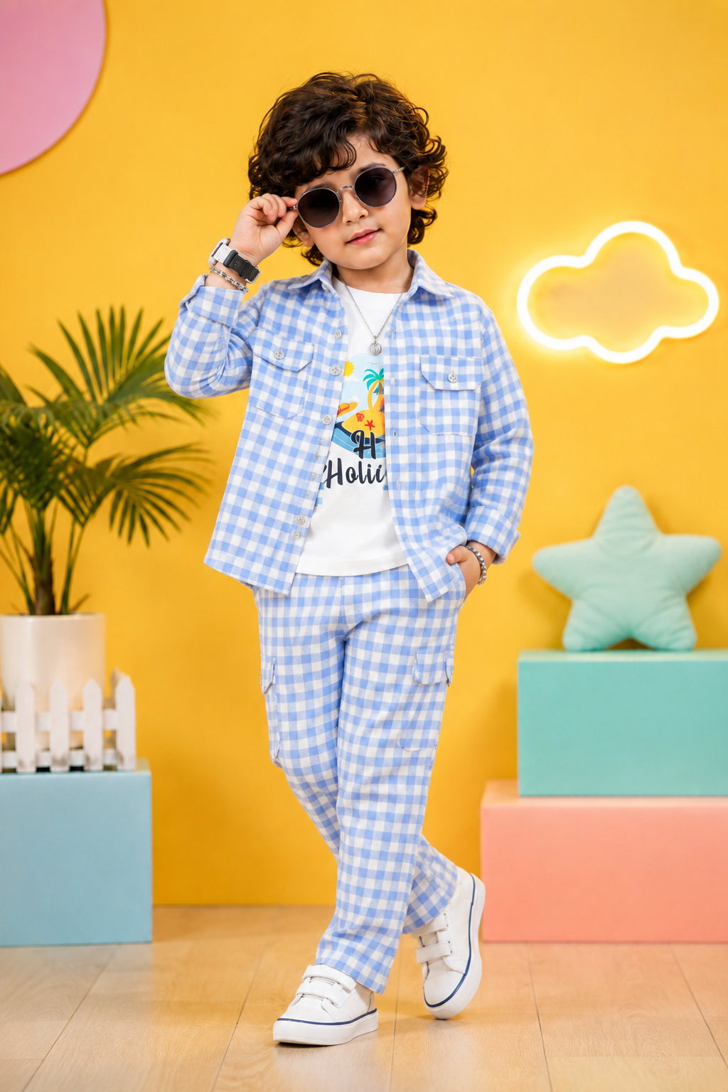 Boys 3-Piece Checkered Co-Ord Set | Shirt, T-Shirt & Pant Set for Kids-TLB3072