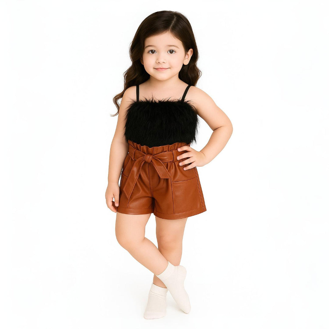 Girls Fluffy Top With Faux Leather Shorts Set
