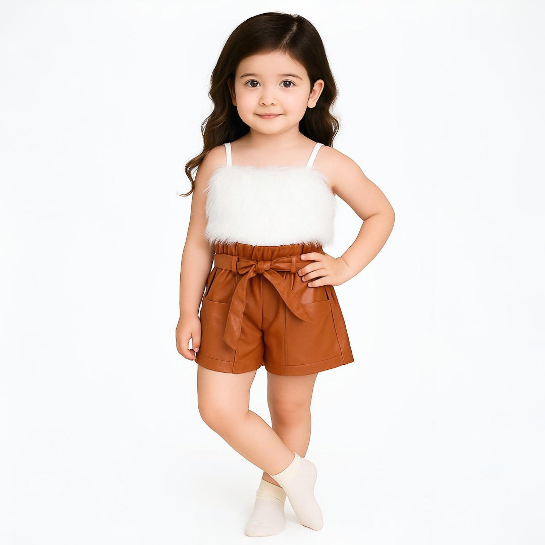 Girls Fluffy Top With Faux Leather Shorts Set