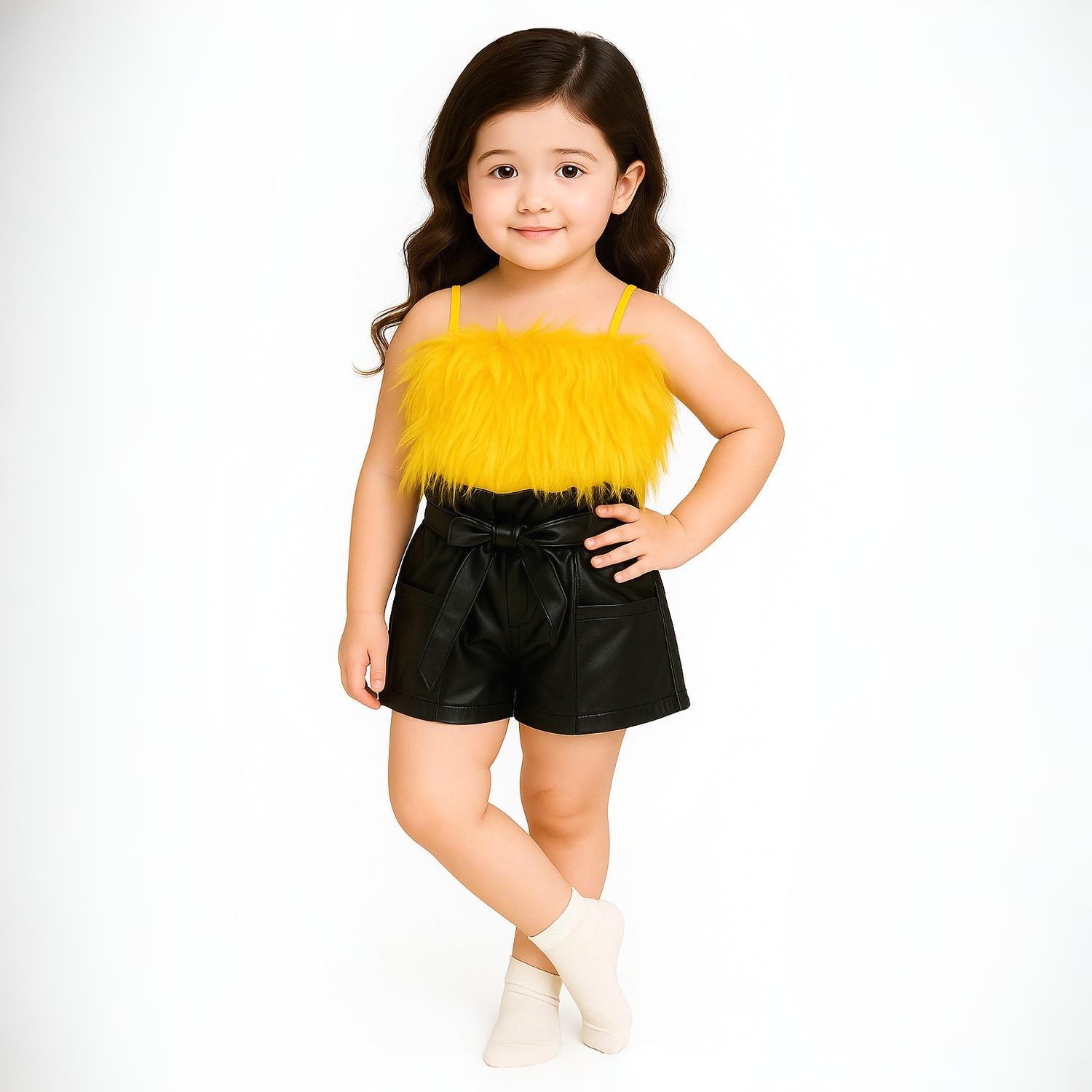 Girls Fluffy Top With Faux Leather Shorts Set
