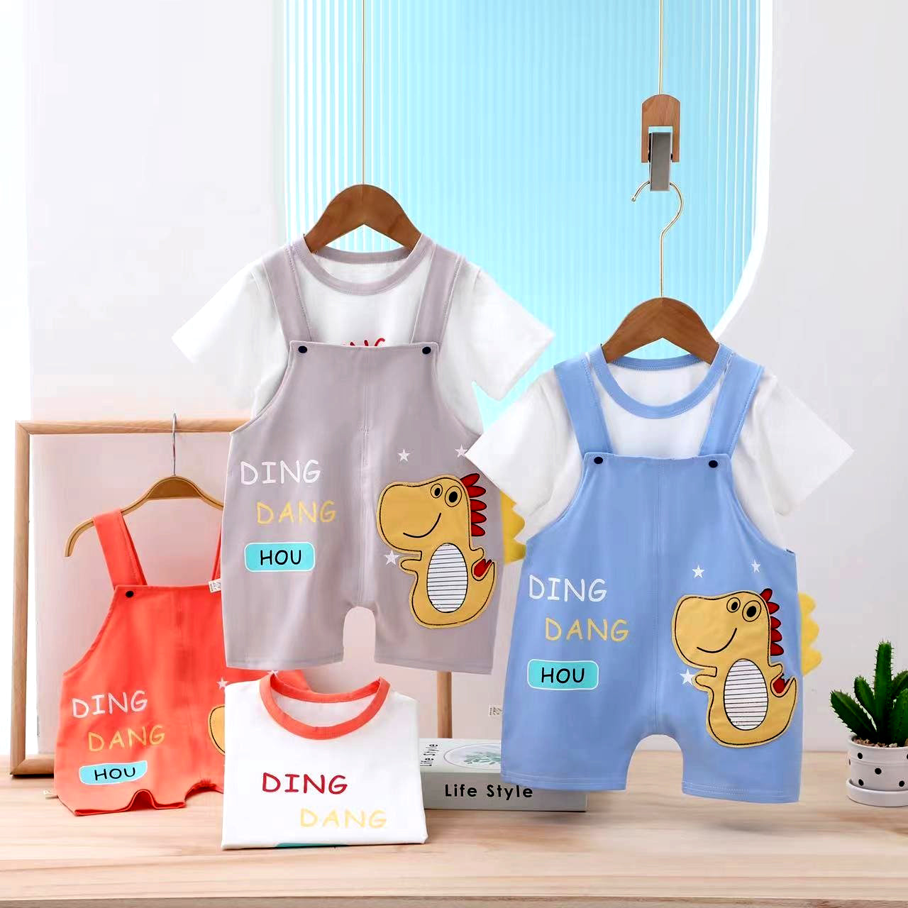 Dino Cotton T-shirt & Dungaree Set