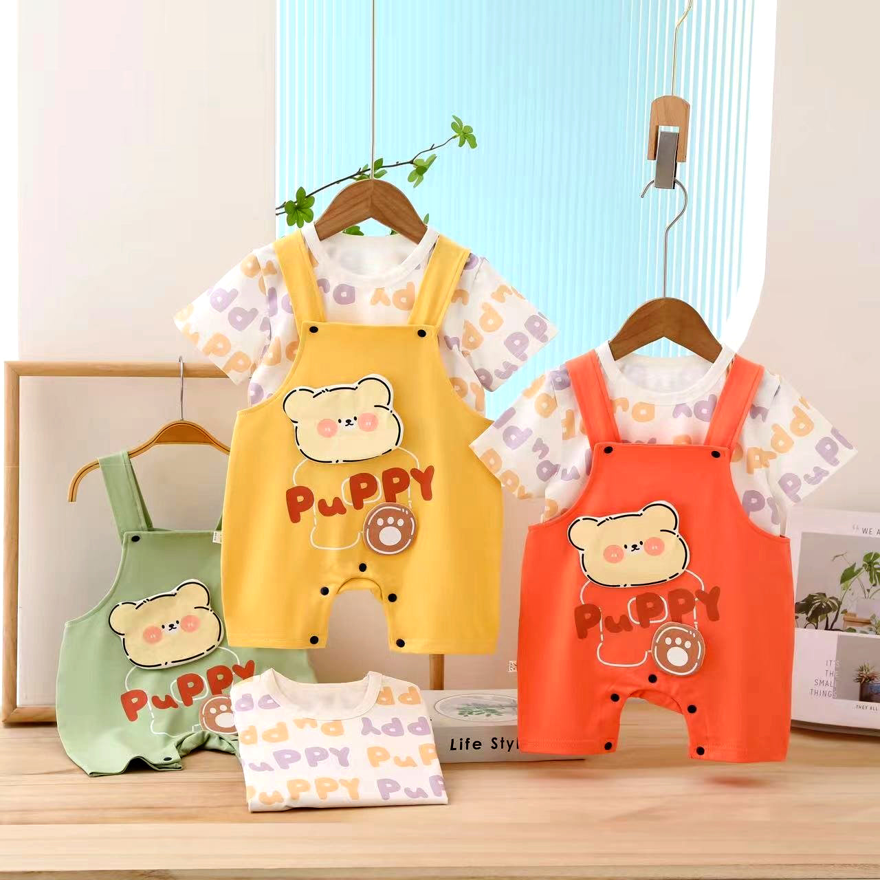 Teddy Cotton T-shirt & Dungaree Set