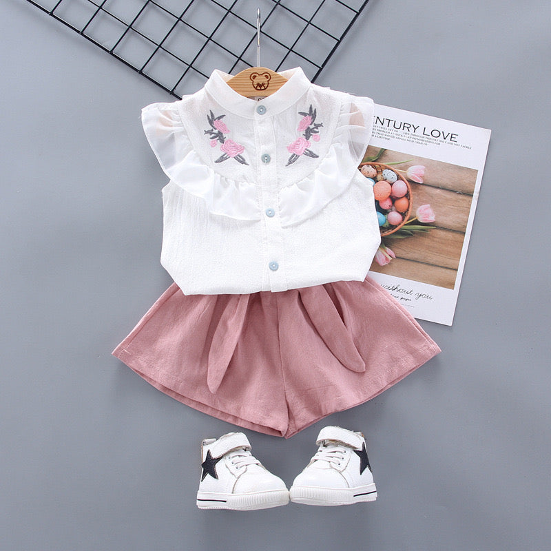 Girls Floral Print Blouse & Shorts Set