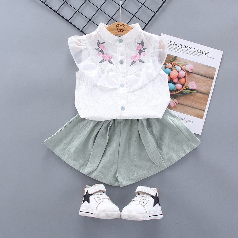 Girls Floral Print Blouse & Shorts Set