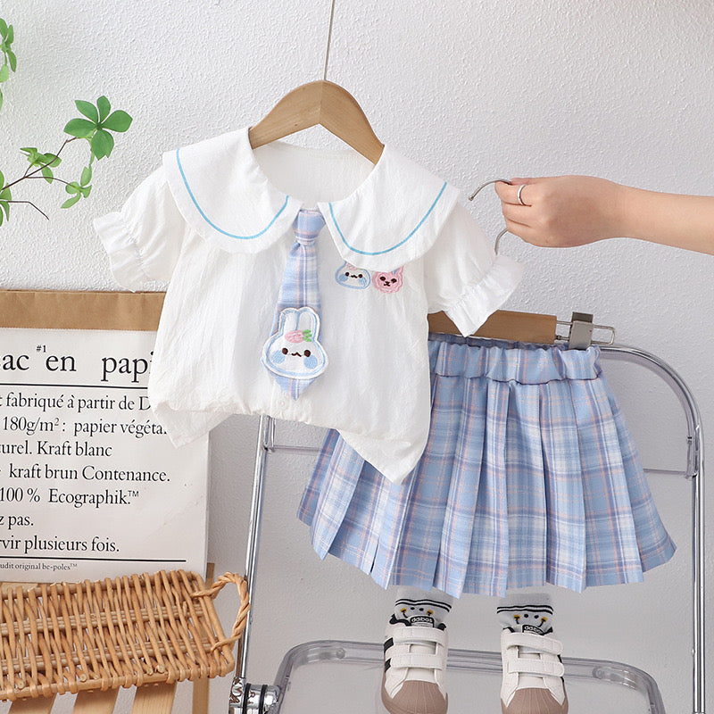 Girls Peter Pan Collared Shirt & Skirt Set