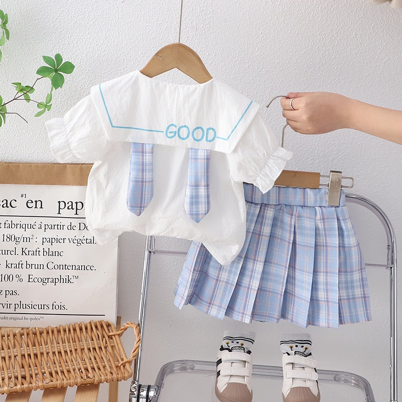 Girls Peter Pan Collared Shirt & Skirt Set