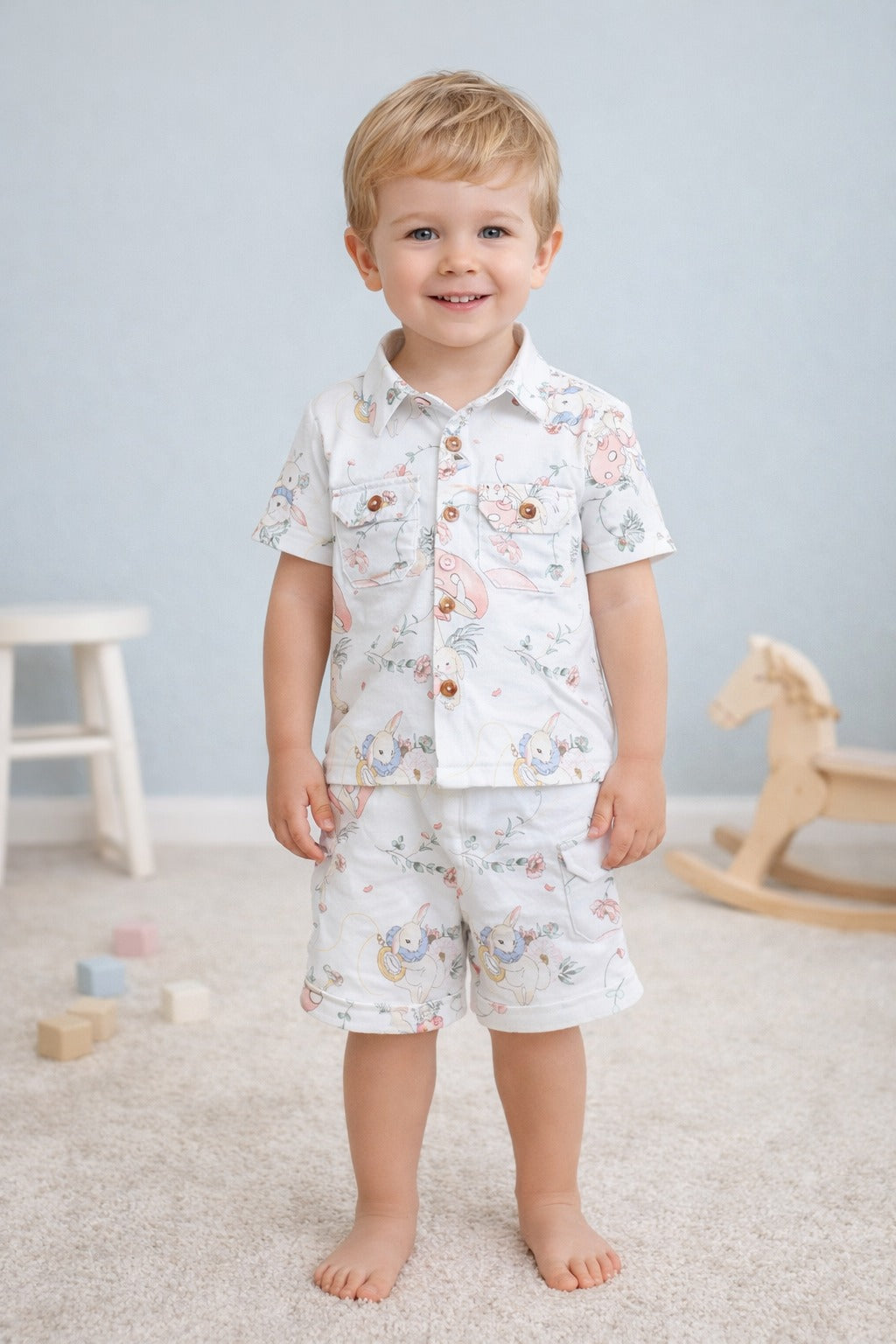 Kids Cute Cartoon Bunny Printed Shirt & Shorts Co-Ord Set – Soft & Comfortable Summer Outfit for Boys-TLB2652