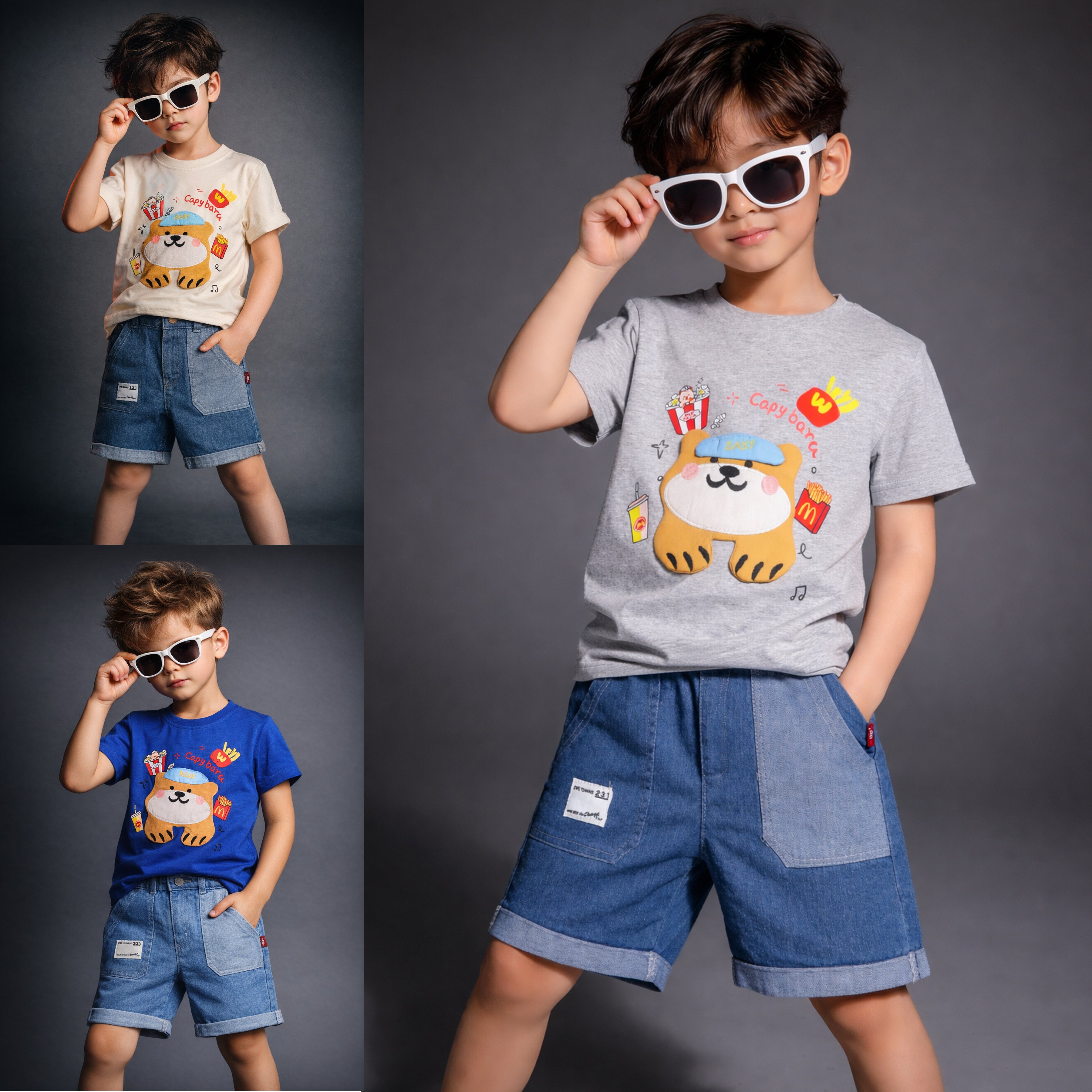 Boys Cartoon Capybara Printed T-Shirt with Denim Shorts Set