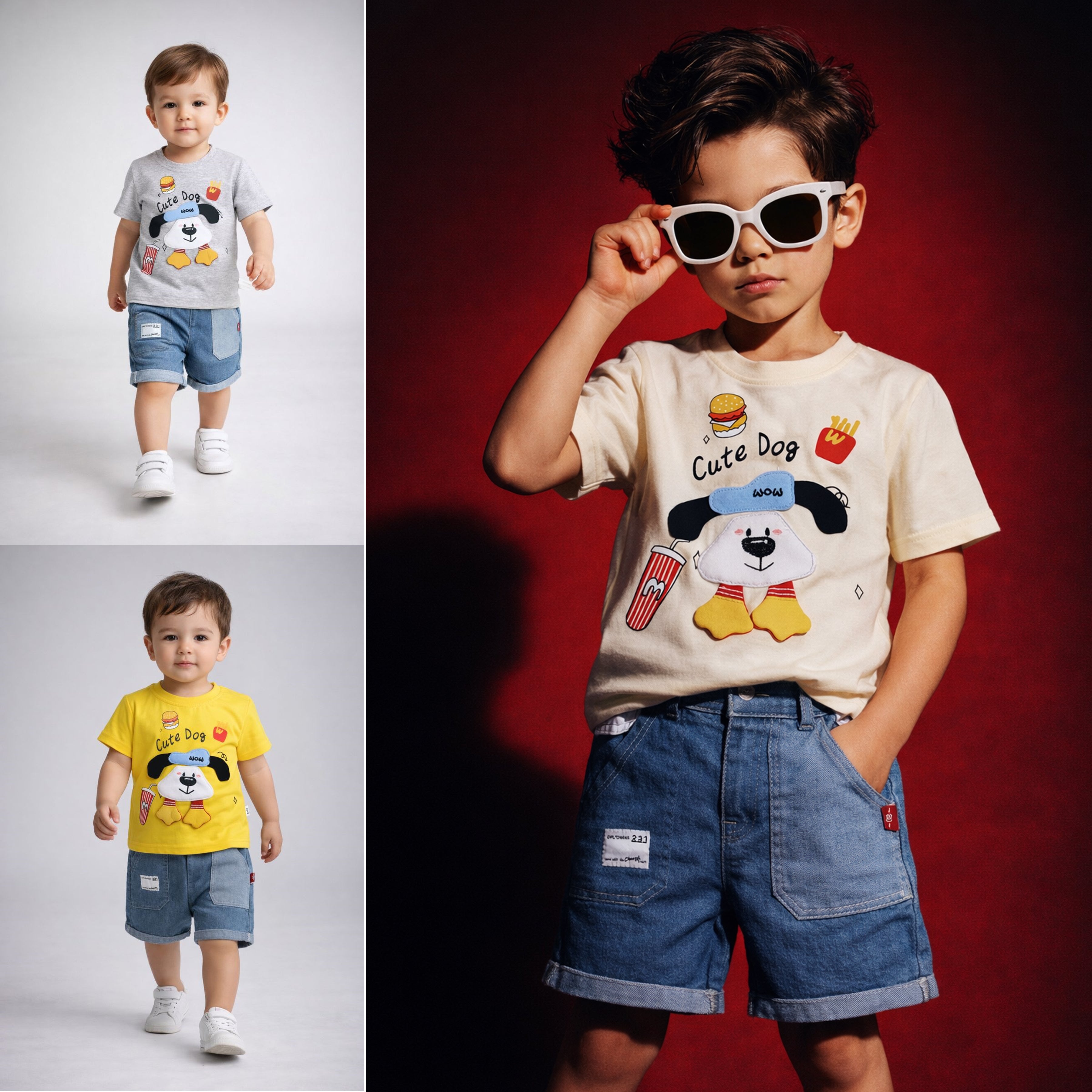 Baby Boys Cute Dog Printed T-Shirt with Denim Shorts Set-TLB2515