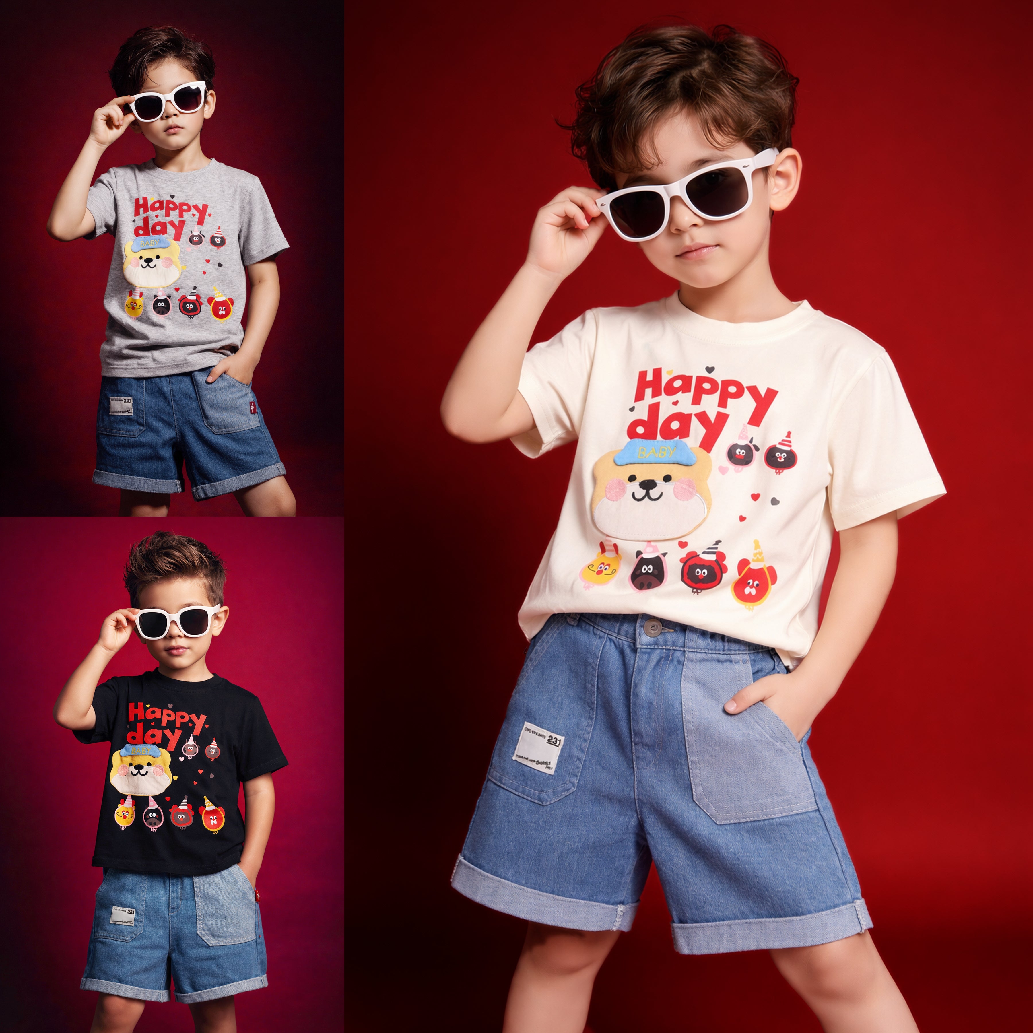 Boys Happy Day Cartoon Printed T-Shirt with Denim Shorts Set