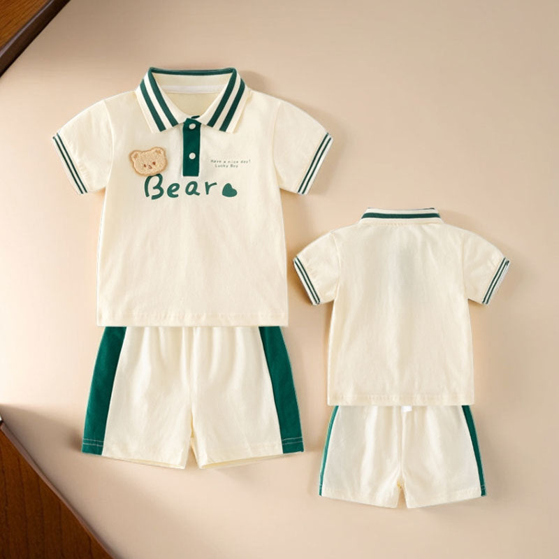 Kids Shorts Set with Bear patch and Striped Collar