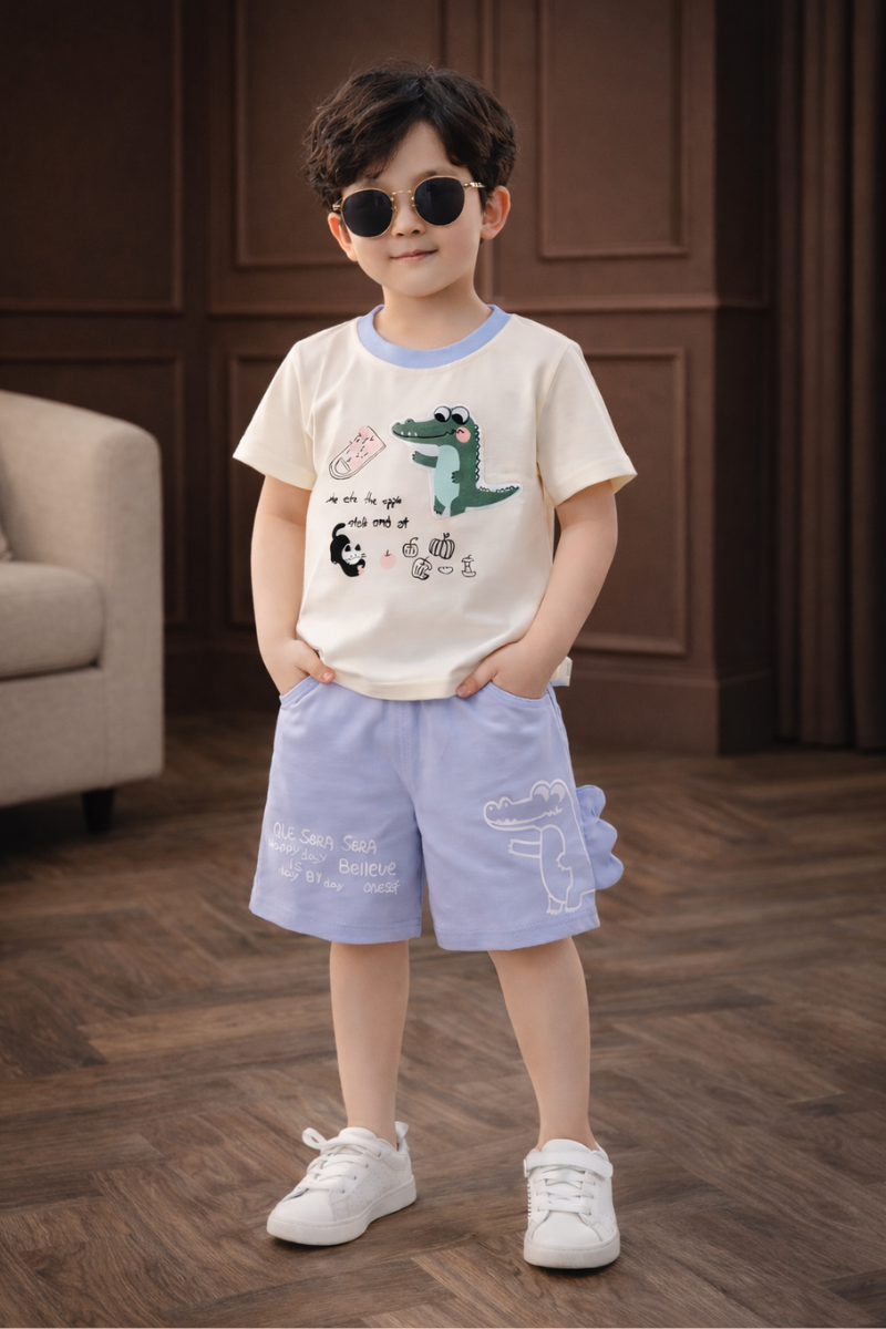 Boys Printed T-Shirt & Shorts Set with Dinosaur Print – Soft Cotton Summer Wear