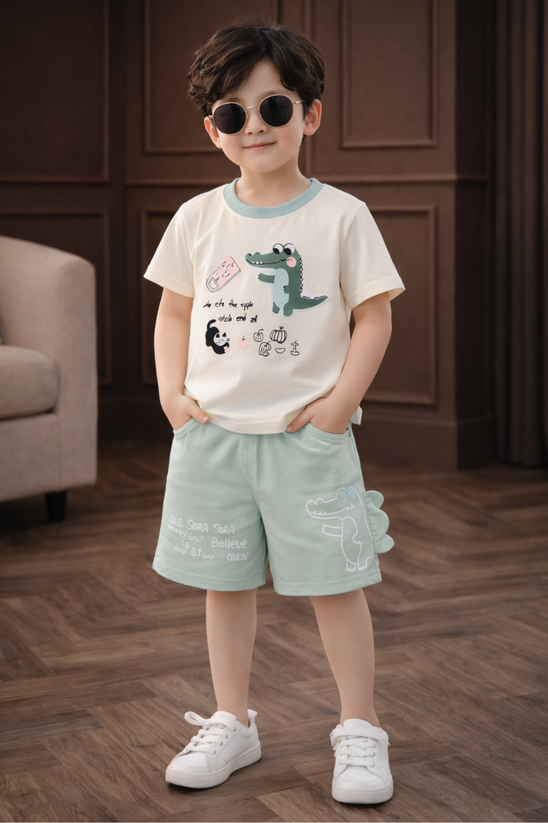 Boys Printed T-Shirt & Shorts Set with Dinosaur Print – Soft Cotton Summer Wear