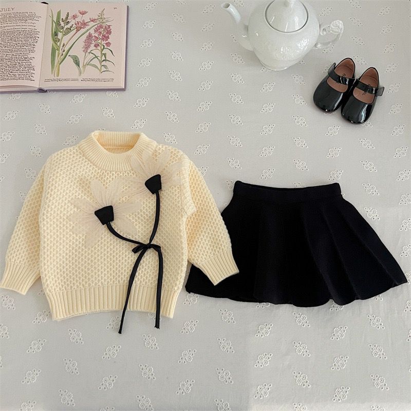Girls Knitted Skirt & Sun Flower Sweater Co-Ord Set
