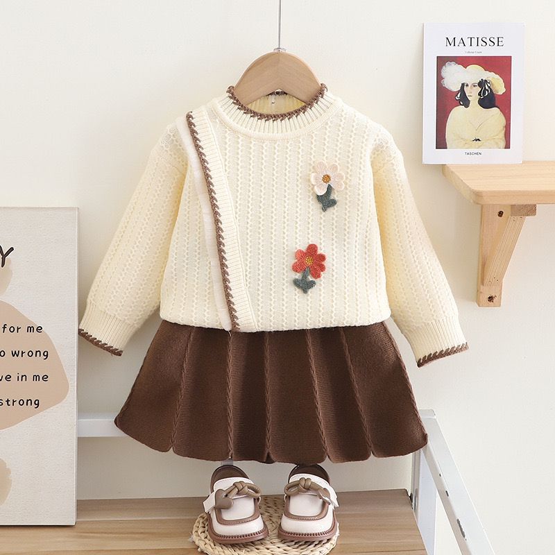 Girls Knitted Skirt & Flower Sweater Co-Ord Set