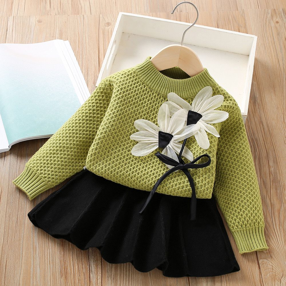 Girls Knitted Skirt & Sun Flower Sweater Co-Ord Set