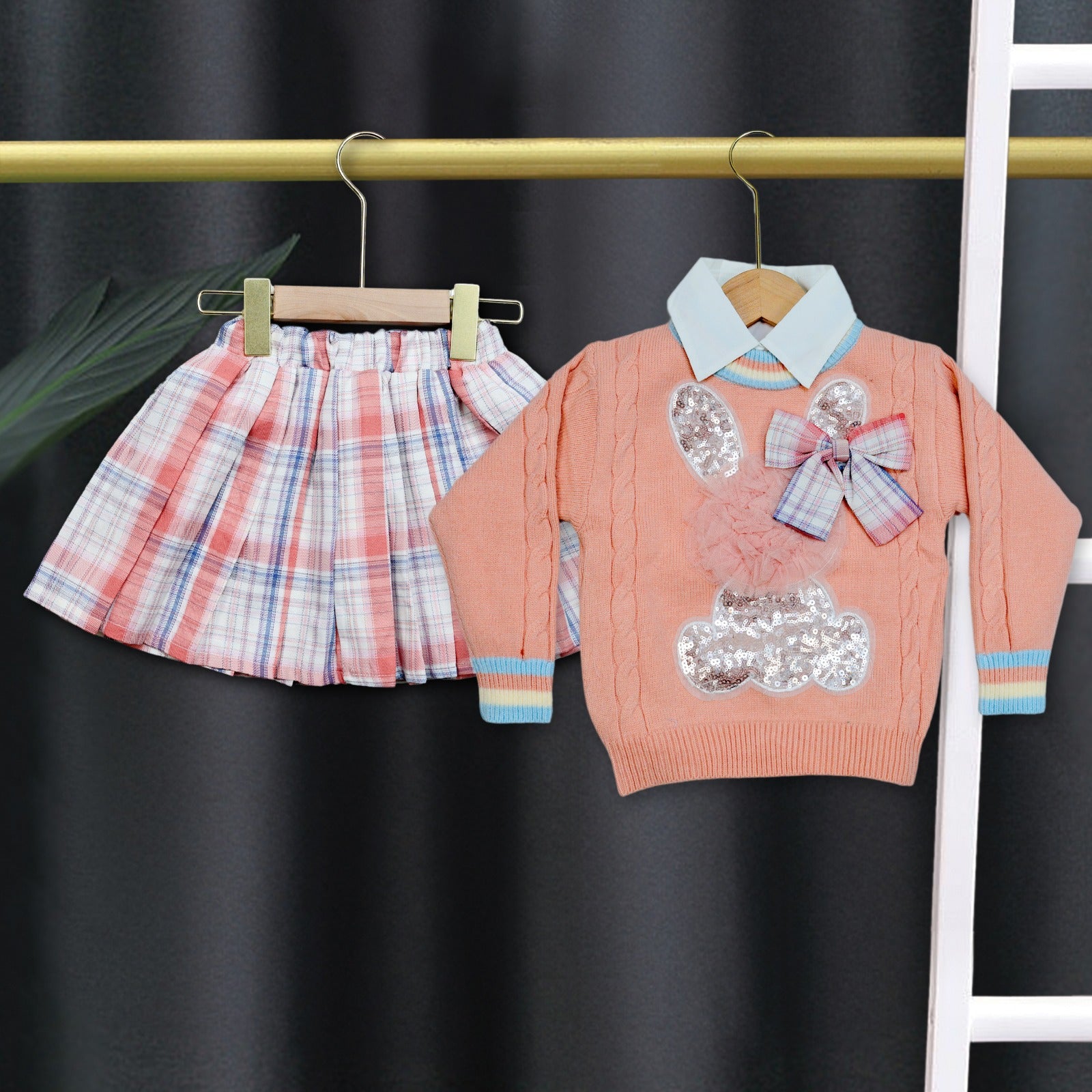 Girls checkered skirt set with shirt and Bow