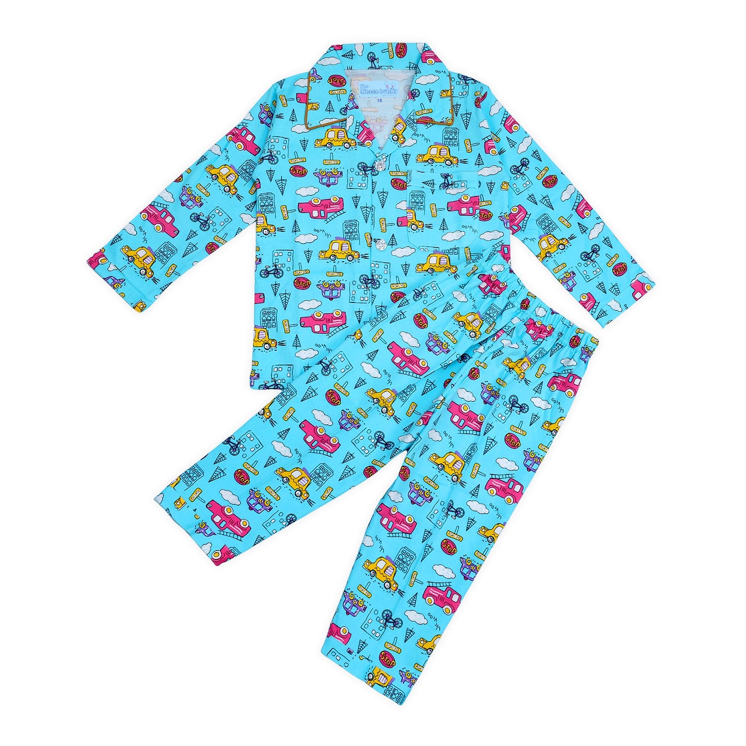 Front Open Night Suit with Car print