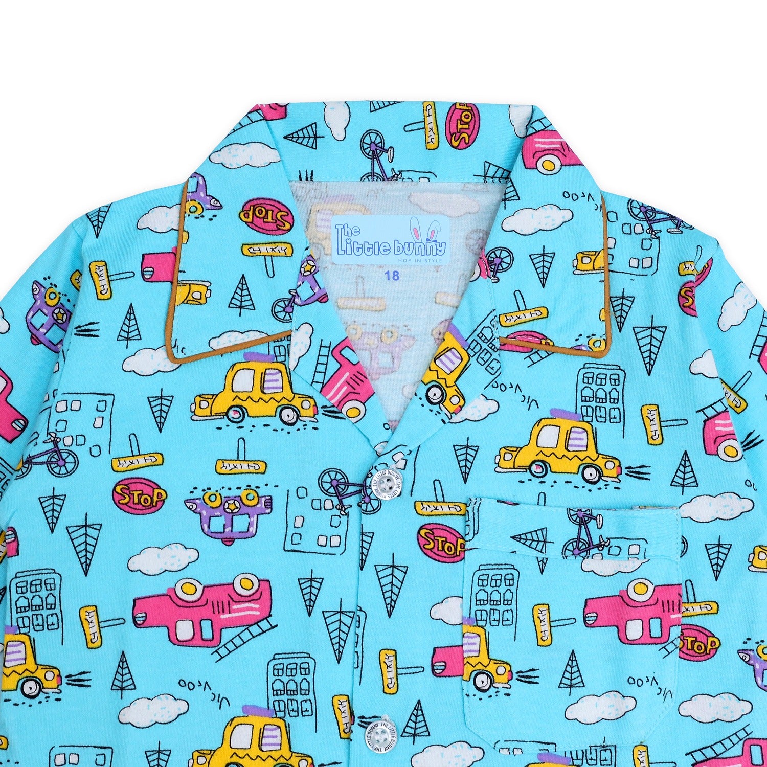 Front Open Night Suit with Car print
