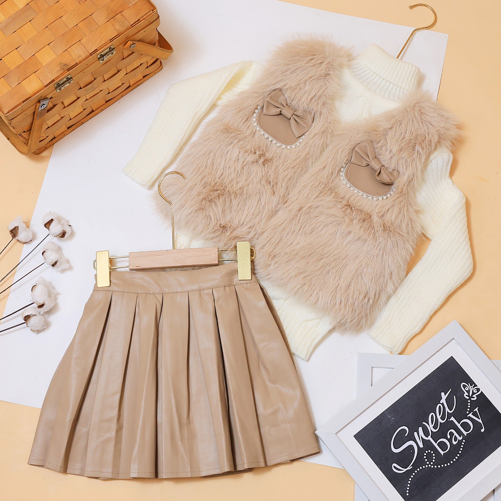 Girls cute fur jacket skirt set