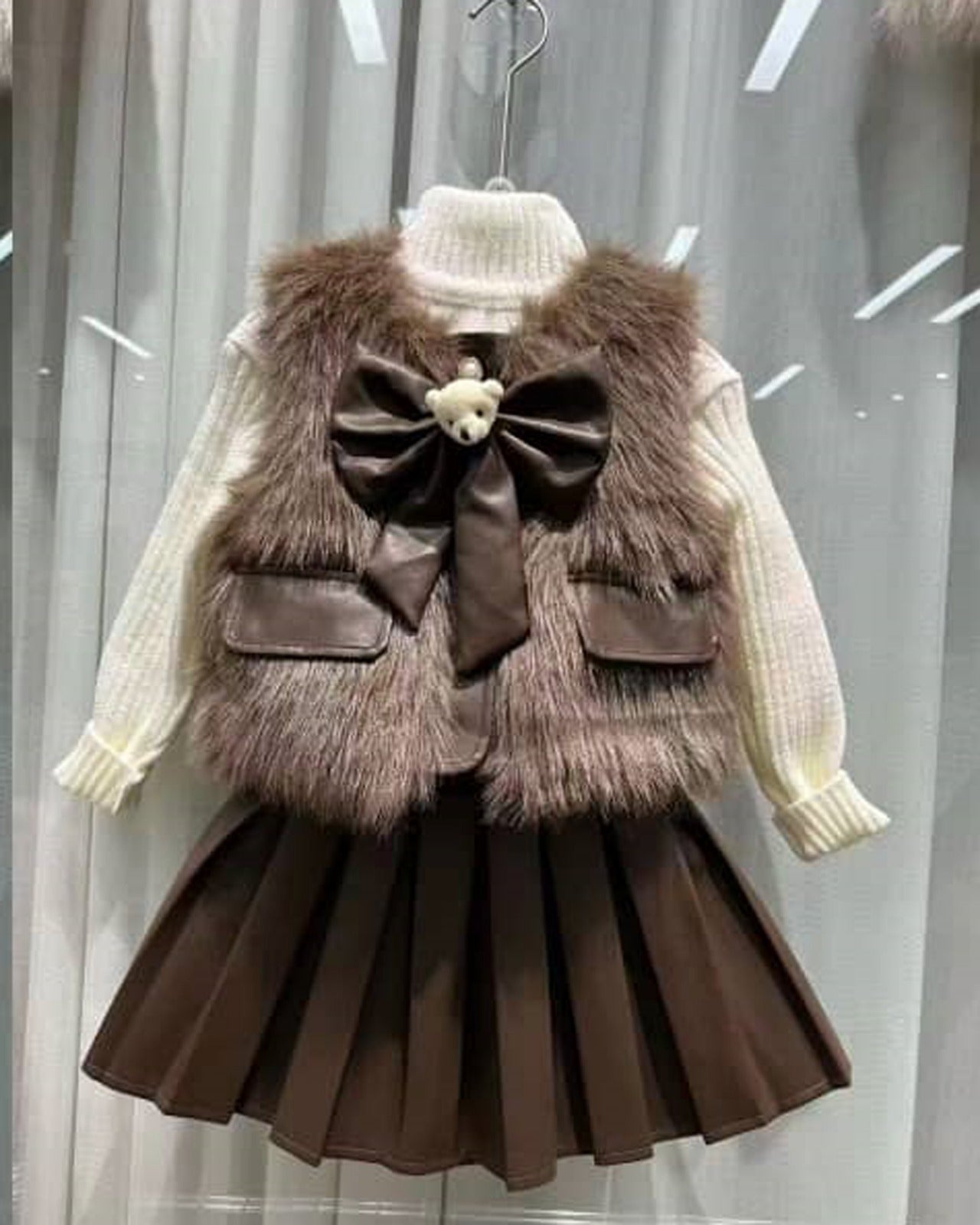 Girls fur jacket skirt set with bow