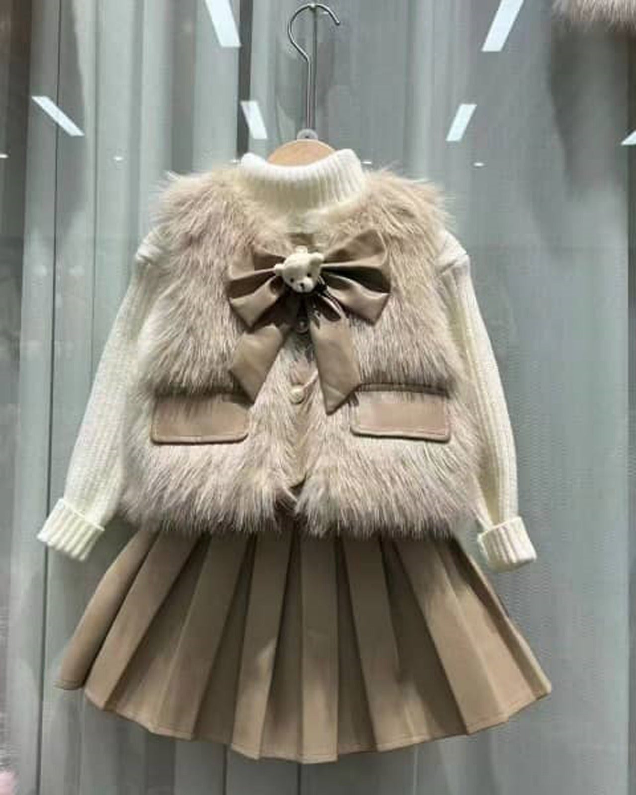 Girls fur jacket skirt set with bow