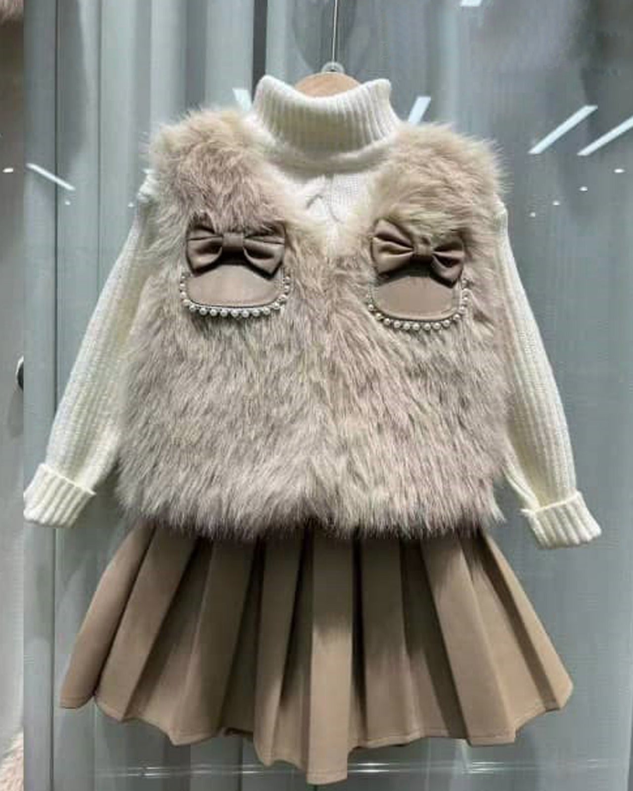 Girls cute fur jacket skirt set