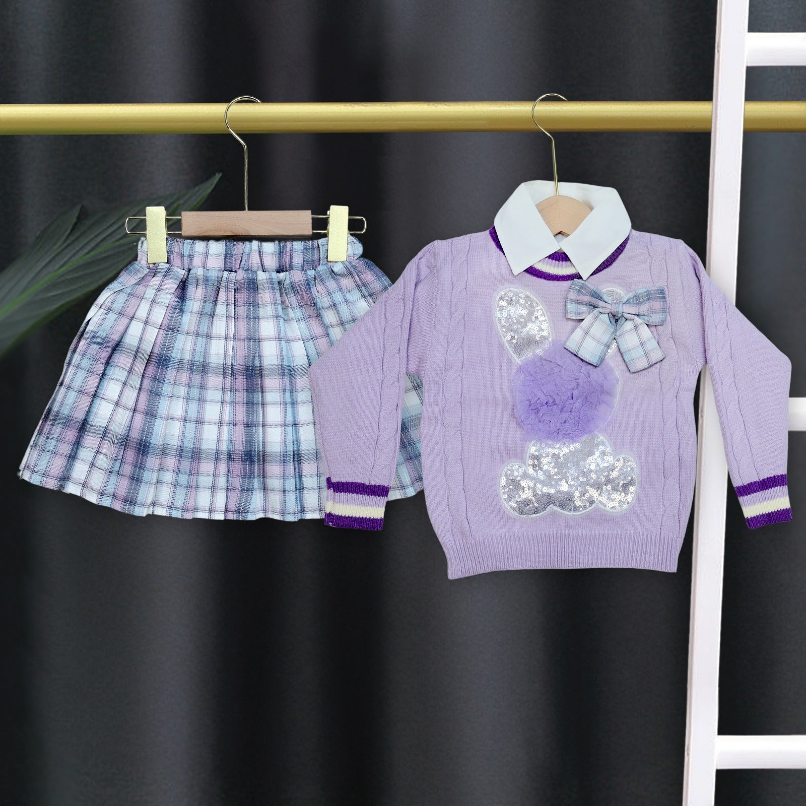 Girls checkered skirt set with shirt and Bow