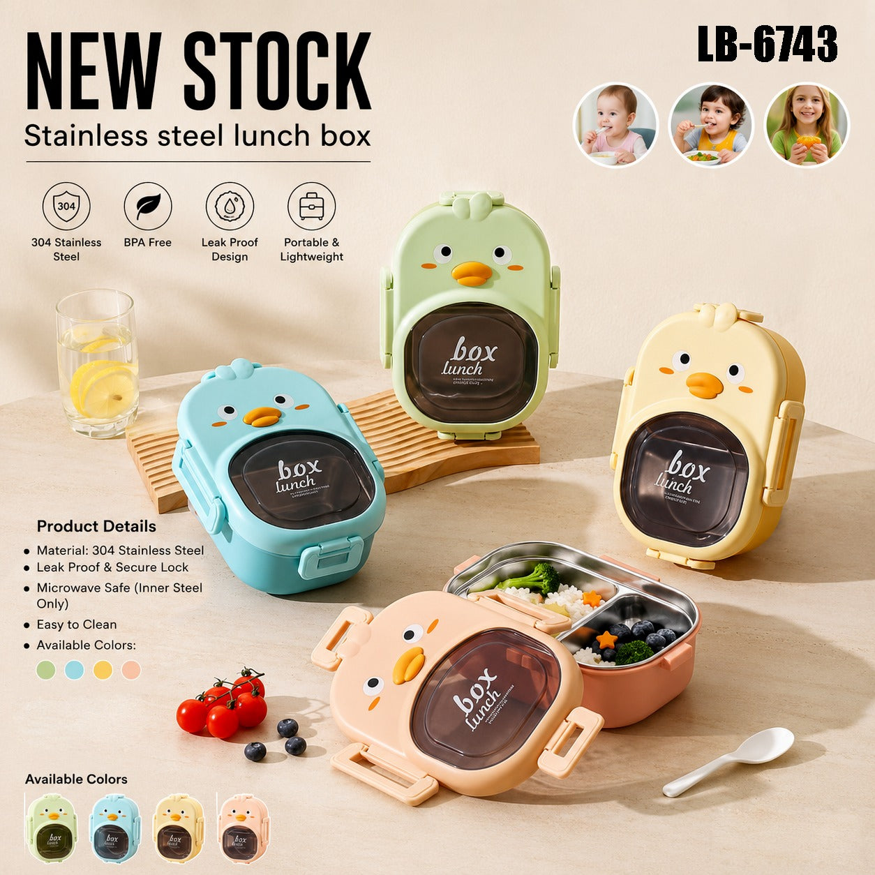 Cute Chick Kids Stainless Steel Lunch Box with 2 Compartments – Stylish Bento Tiffin Box for School & Travel-LB6743