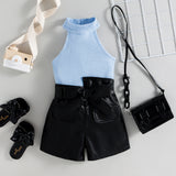 Girls Top with Faux Leather Shorts