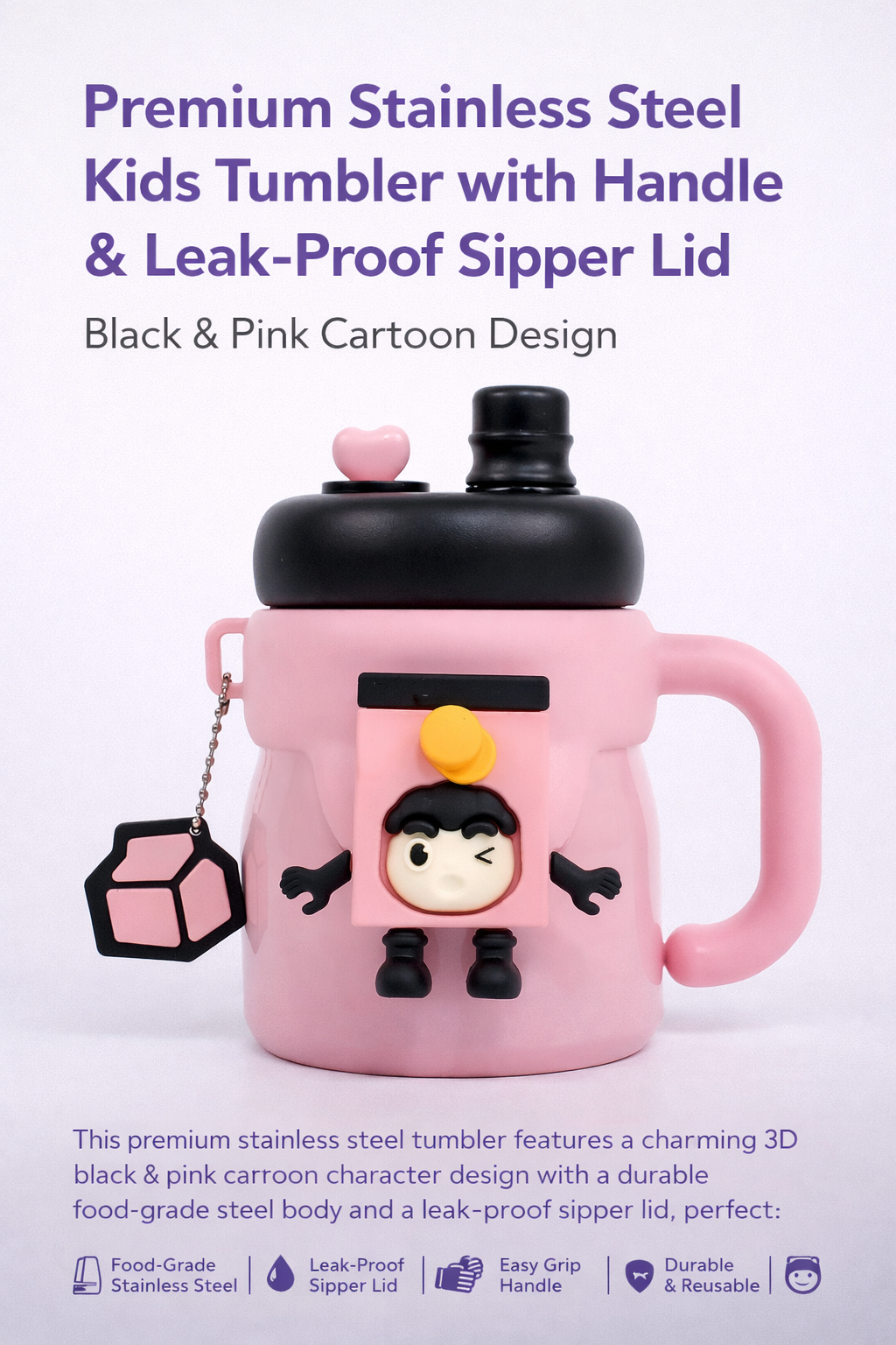 Premium Stainless Steel Kids Tumbler with Handle &amp; Leak-Proof Sipper Lid