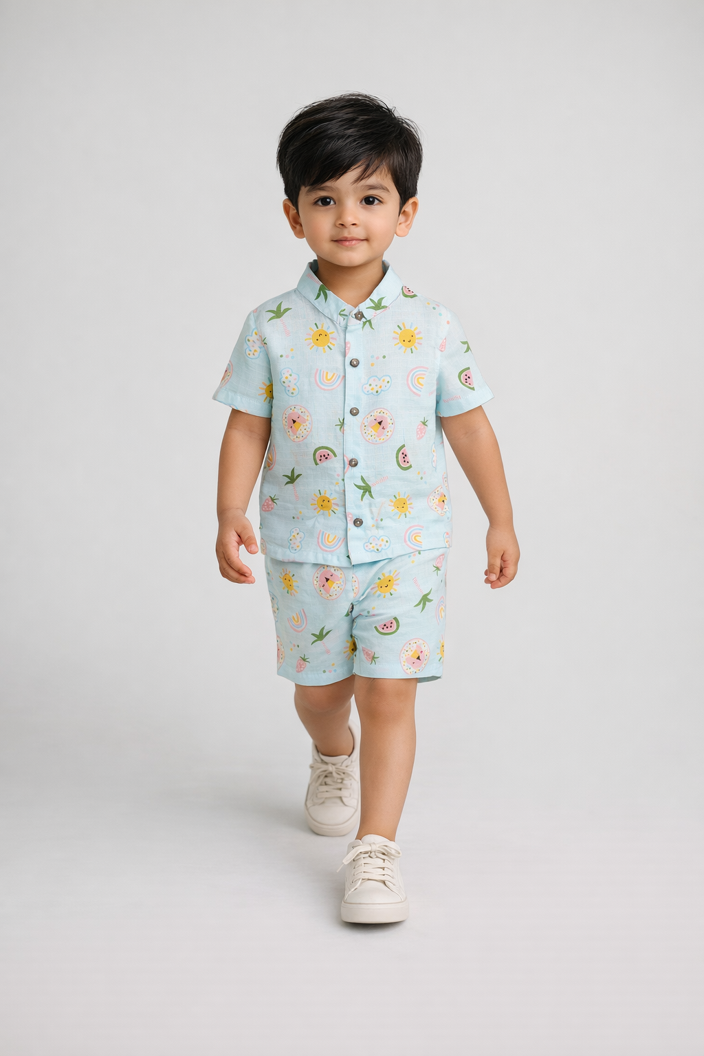 Kids Cotton Shirt and Shorts Co-Ord Set with Mandarin Collar – Comfortable Casual Outfit-TLB2668